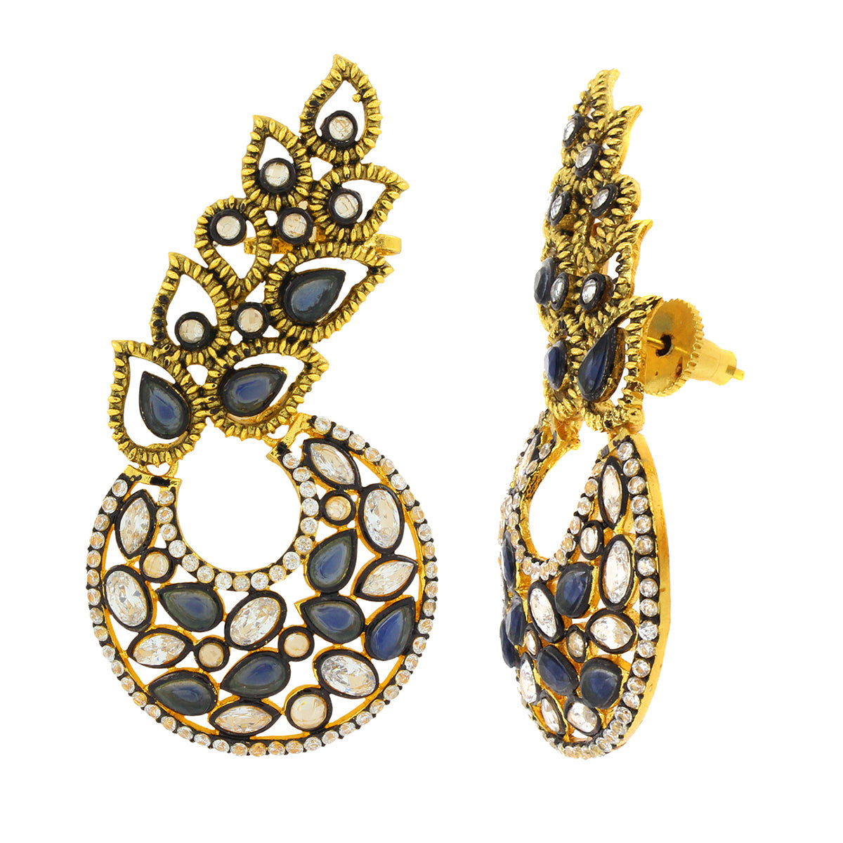 Flower Kundan Sapphire Blue Gold Plated Chaand Bali Ear Cuff Earring