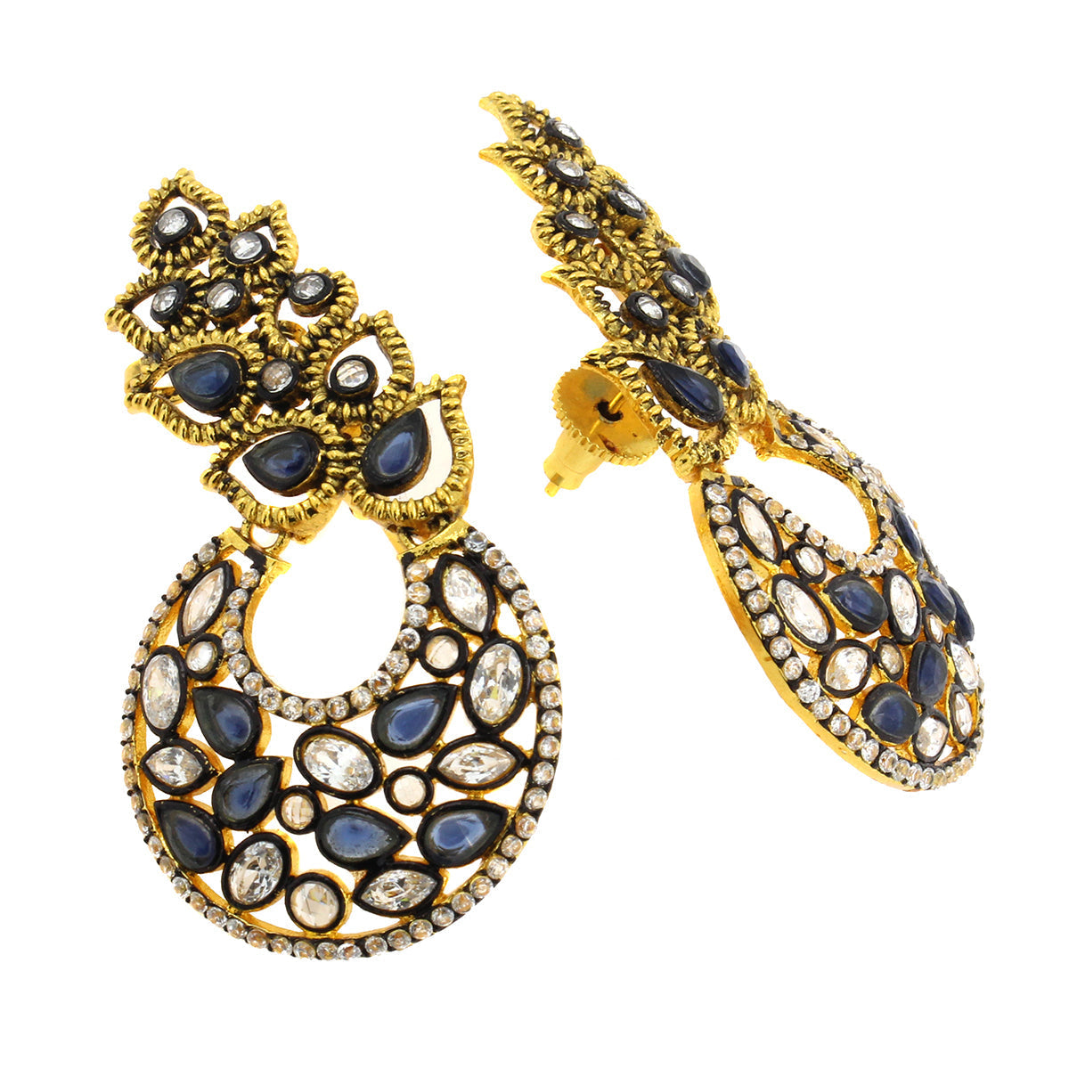 Flower Kundan Sapphire Blue Gold Plated Chaand Bali Ear Cuff Earring