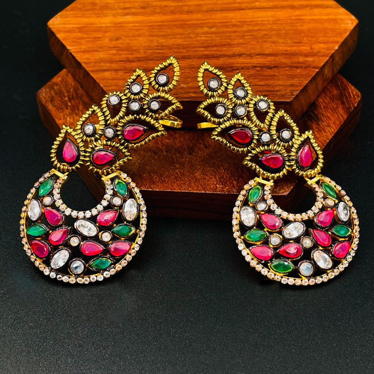 Flower Kundan Red Green Gold Plated Chaand Bali Ear Cuff Earring