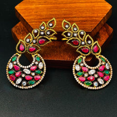 Flower Kundan Red Green Gold Plated Chaand Bali Ear Cuff Earring