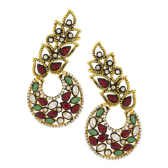 Flower Kundan Red Green Gold Plated Chaand Bali Ear Cuff Earring