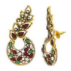 Flower Kundan Red Green Gold Plated Chaand Bali Ear Cuff Earring