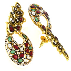 Flower Kundan Red Green Gold Plated Chaand Bali Ear Cuff Earring