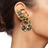 Flower Kundan Red Green Gold Plated Chaand Bali Ear Cuff Earring