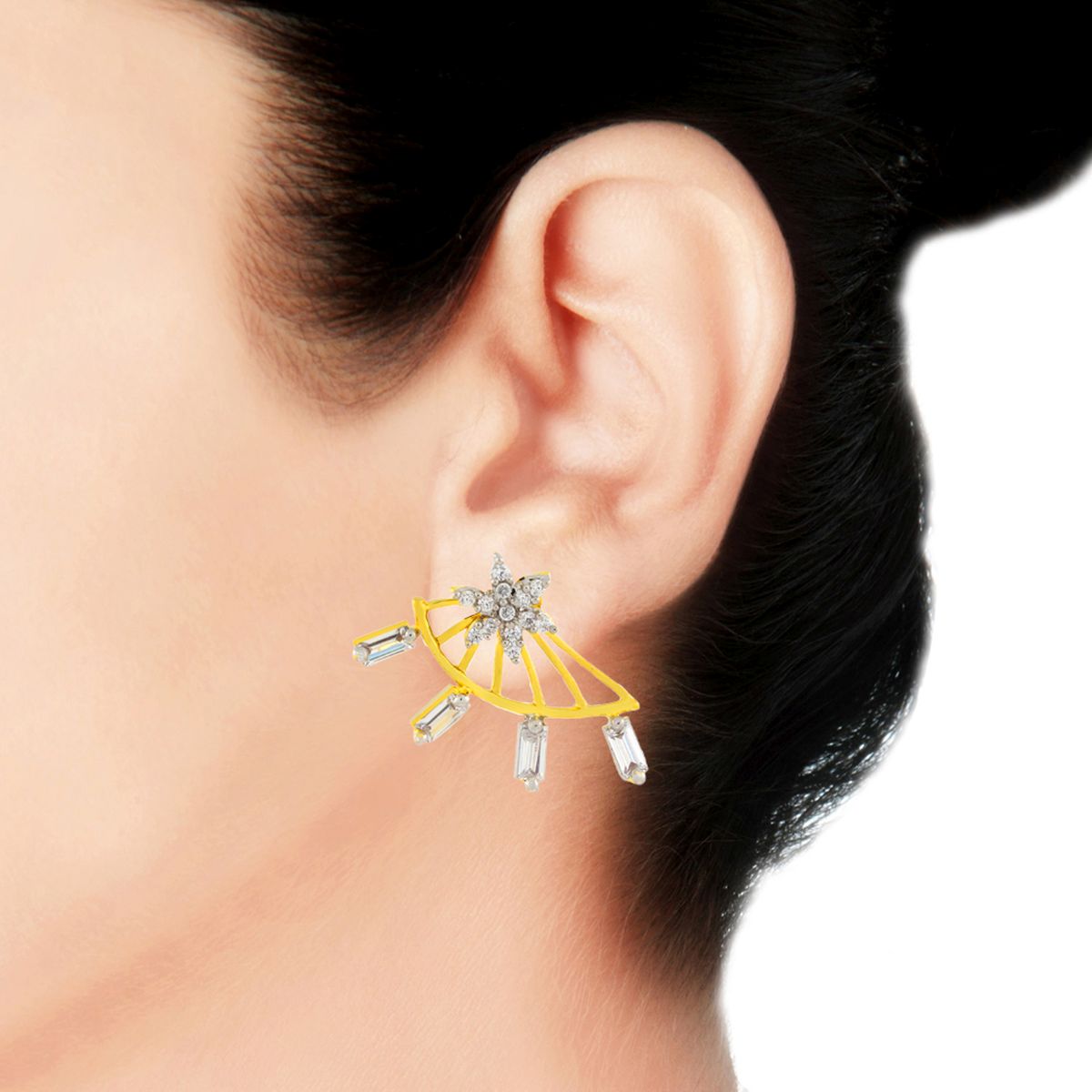 Flower American Diamond Cz Gold Ear Cuff Jacket Earring For Women