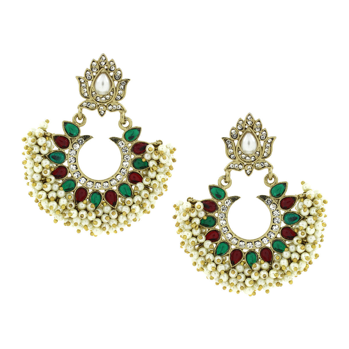 American Diamond Pearl Red Emerald Green Gold Chaand Baali Earring