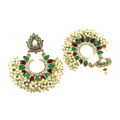 American Diamond Pearl Red Emerald Green Gold Chaand Baali Earring