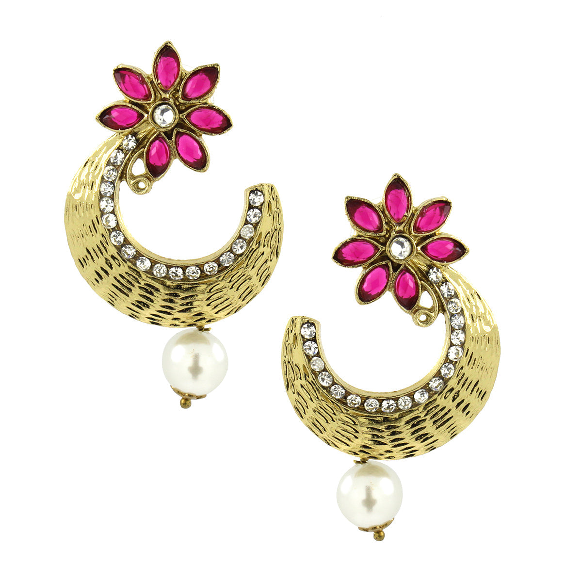Flower Antique Gold Pink Pearl American Diamond Chaand Bali Earring