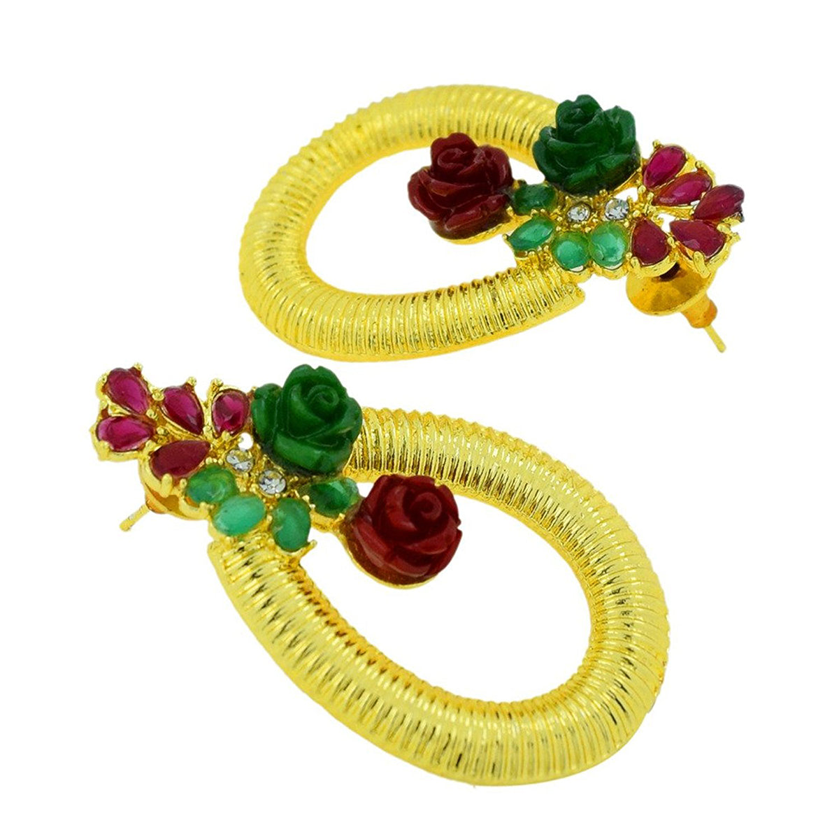 Designer Flower Gold American Diamond Red Green Earring For Women