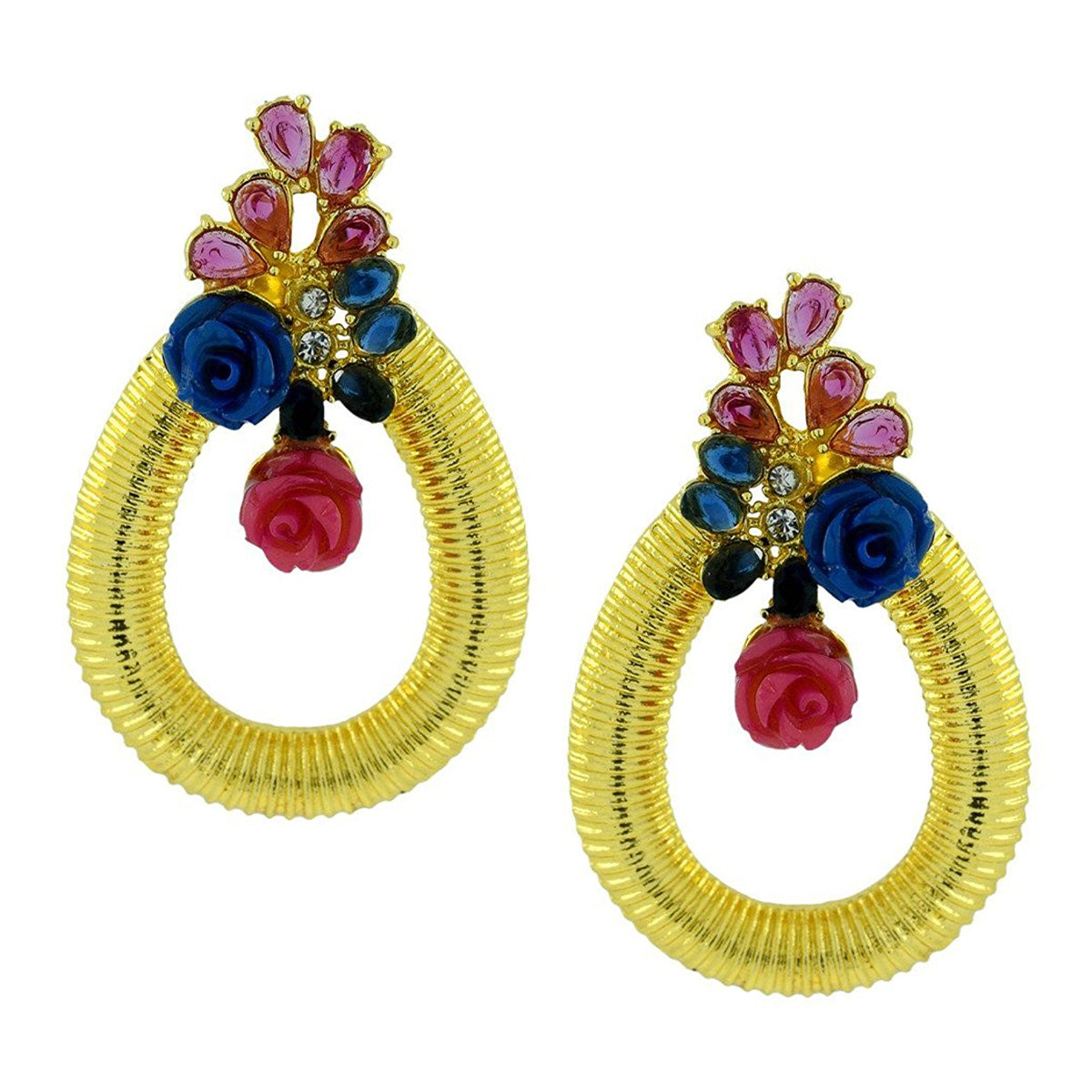 Designer Flower Gold American Diamond Blue Pink Earring For Women