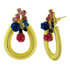 Designer Flower Gold American Diamond Blue Pink Earring For Women