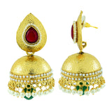 Traditional Matte Gold Plated Red Green Pearl Jhumki Earring For Women