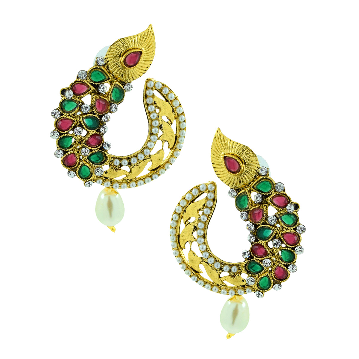 Ethnic Filigree Red Green American Diamond Cz Pearl Gold Earring