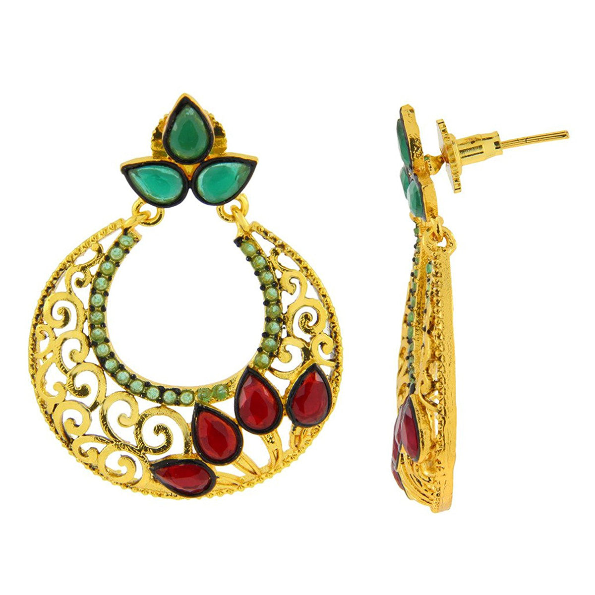 Chaand Bali Gold Red Green American Diamond Cz Jhumki Earring
