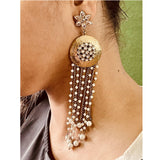 Kundan Pearl Gold Indo Western Designer Statement Long Dangling Tassel Earring