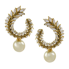 Crescent Pearl American Diamond Cz Gold Chaand Bali Jhumki Earring