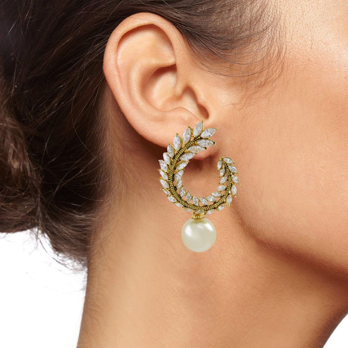 Crescent Pearl American Diamond Cz Gold Chaand Bali Jhumki Earring