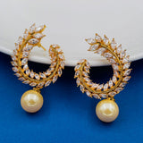 Crescent Pearl American Diamond Cz Gold Chaand Bali Jhumki Earring