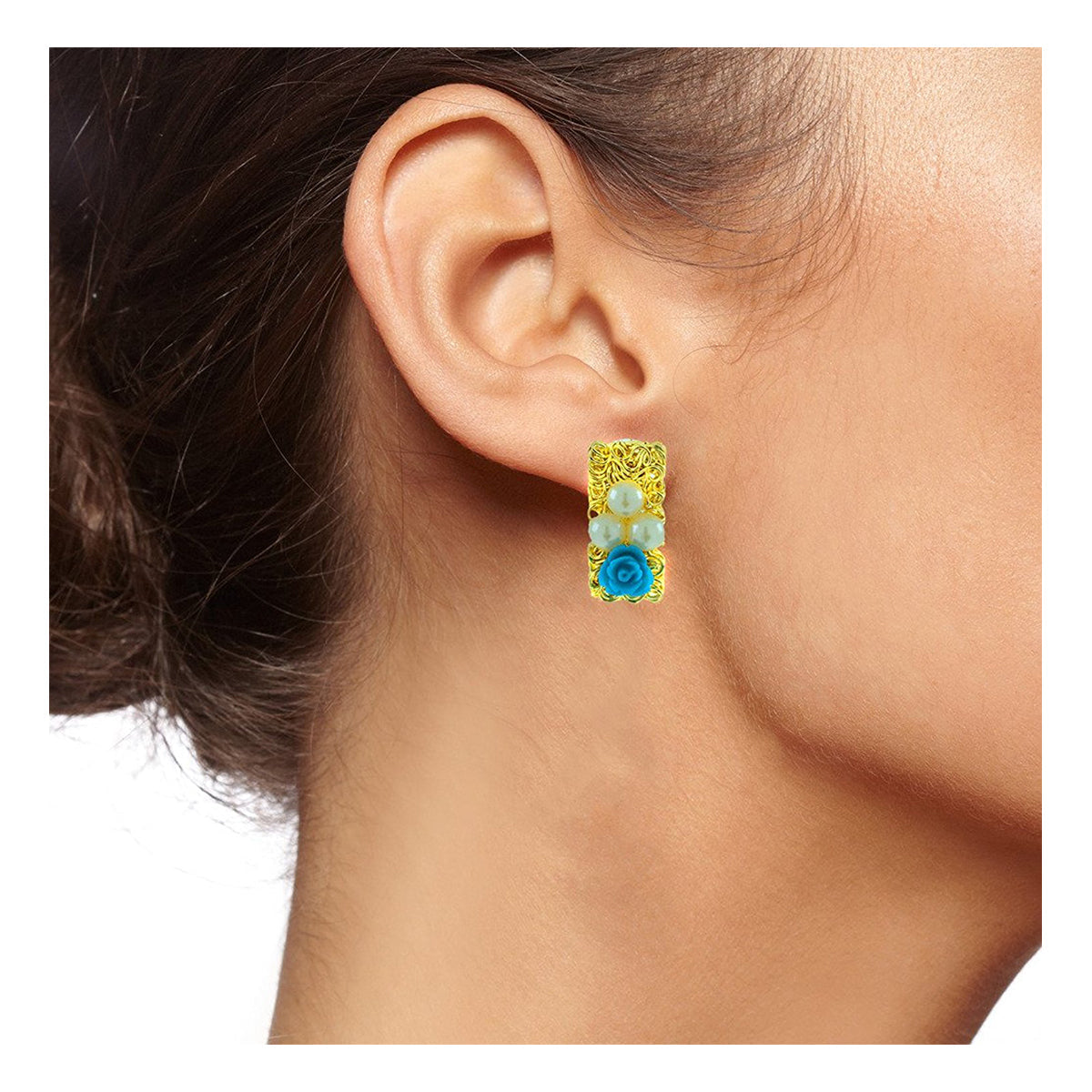 Daily Wear Gold Plated Sky Blue Flower Pearl Stud Earring For Women