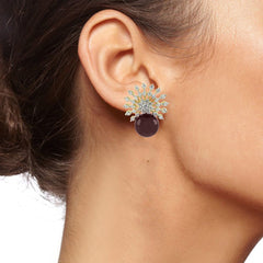 Star Burst American Diamond Cz Black Gold Rhodium Stud Earring Women