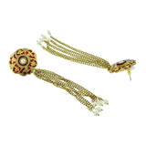 Designer Long Statement Gold Maroon Meenakari Pearl Dangling Tassel Earring For Women