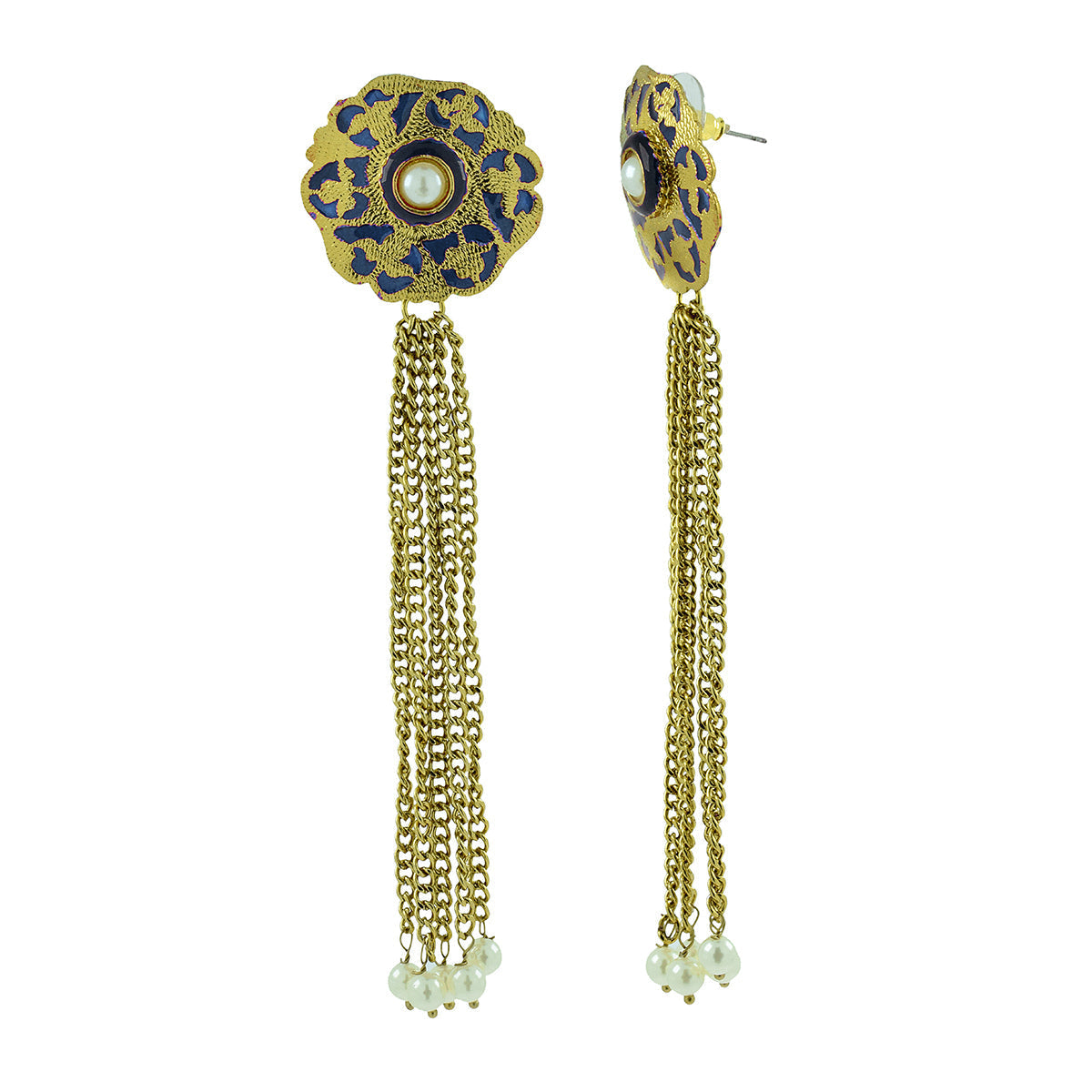 Designer Long Statement Gold Blue Meenakari Pearl Earring For Women