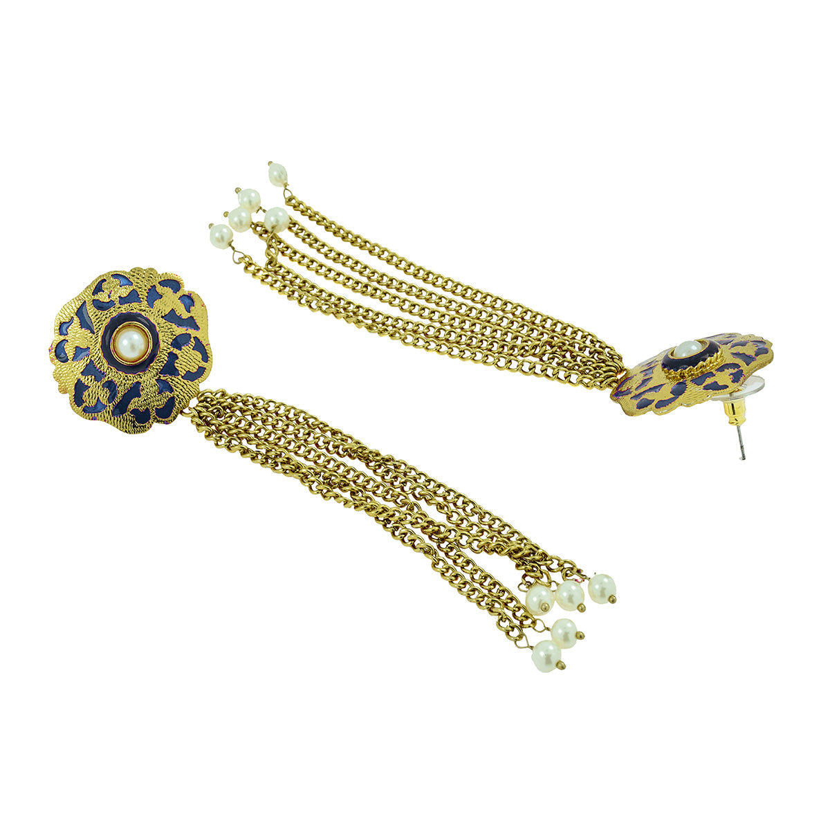 Designer Long Statement Gold Blue Meenakari Pearl Earring For Women