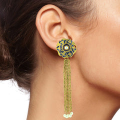 Designer Long Statement Gold Blue Meenakari Pearl Earring For Women