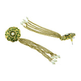 Designer Long Statement Gold Green Meenakari Pearl Dangling Tassel Earring For Women