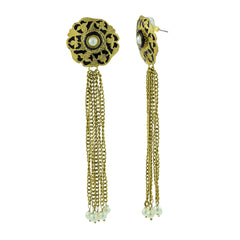 Designer Long Statement Gold Black Meenakari Pearl Dangling Tassel Earring For Women