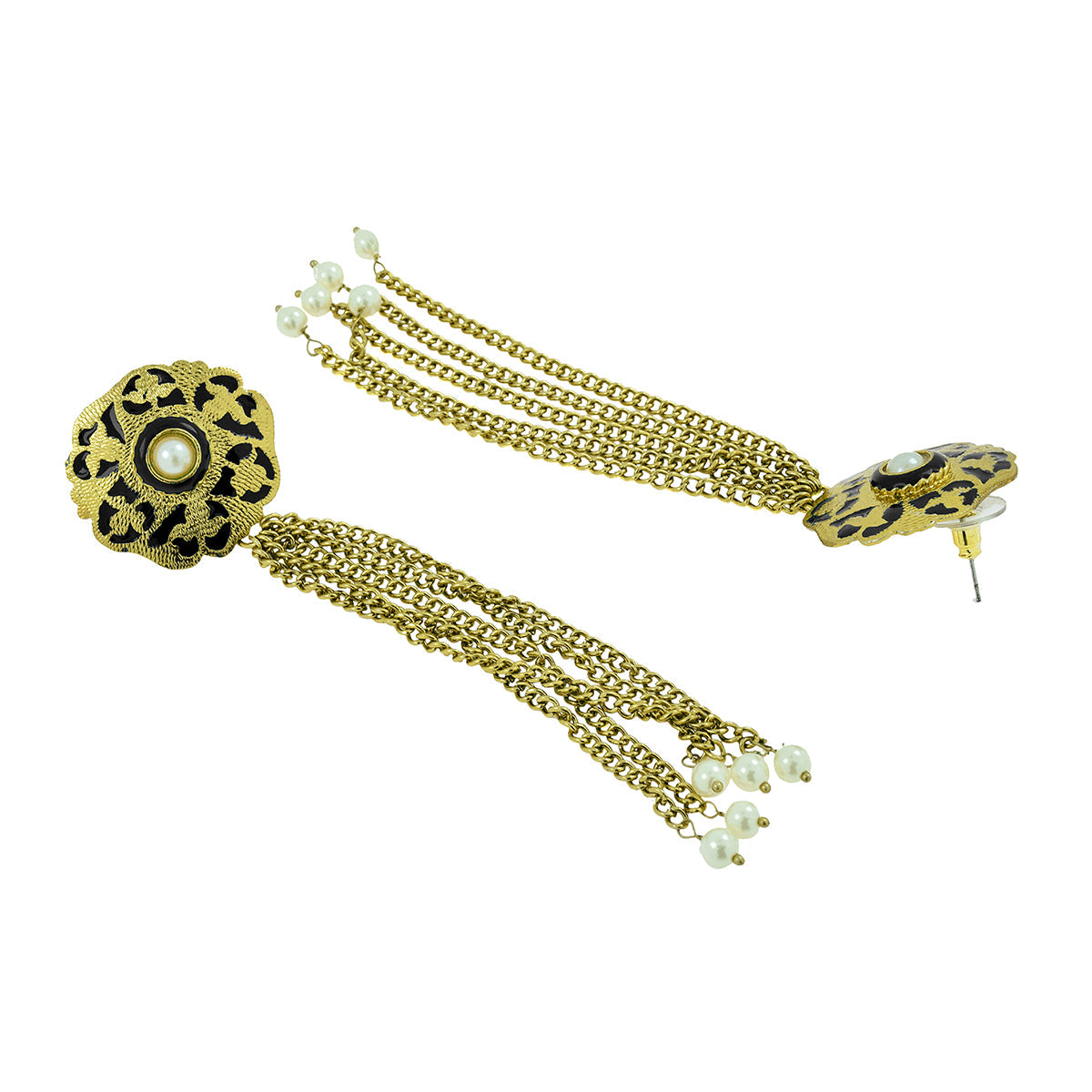 Designer Long Statement Gold Black Meenakari Pearl Dangling Tassel Earring For Women