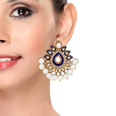 Traditional Gold Plated Dark Blue Meenakari Pearl Festive Earring