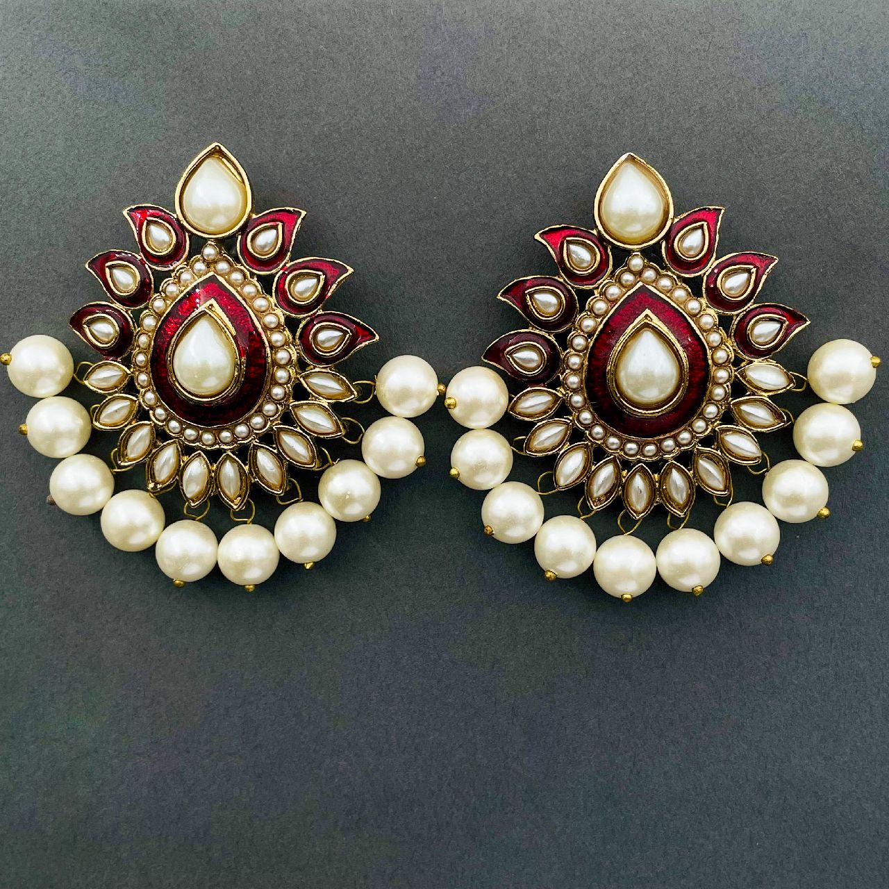 Traditional Gold Plated Red Maroon Meenakari Pearl Festive Earring