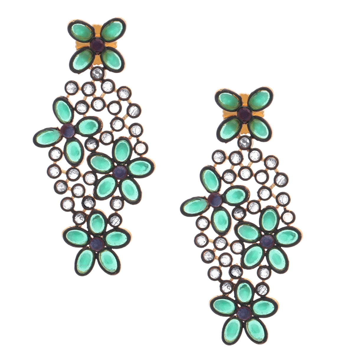 Floral Blue Green Kundan Gold Dangling Delicate Earring For Women