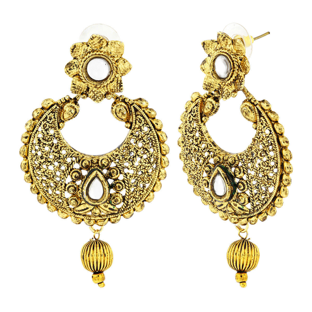 Kundan Filigree Antique 22K Gold Plated Chand Bali Earring For Women
