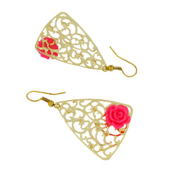Filigree Flower Pink 18K Gold Plated Dangling Earring For Women