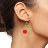 Filigree Flower Pink 18K Gold Plated Dangling Earring For Women