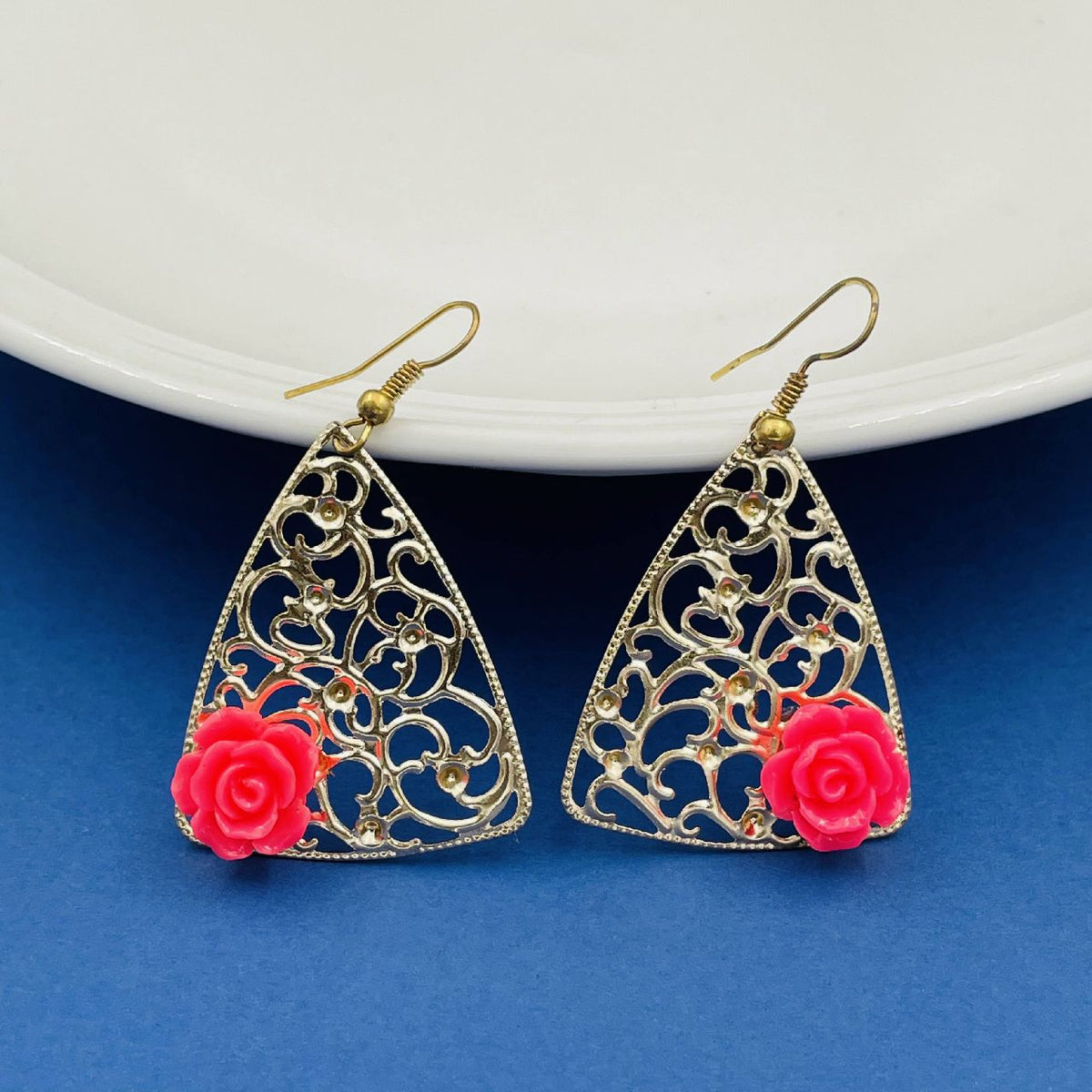 Filigree Flower Pink 18K Gold Plated Dangling Earring For Women