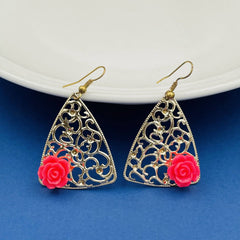 Filigree Flower Pink 18K Gold Plated Dangling Earring For Women