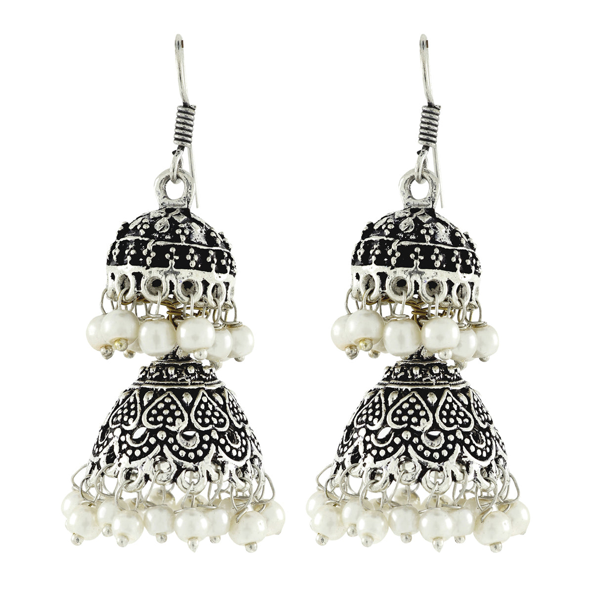 Double Jhumka Antique Oxidized German Silver Pearl Jhumki Earring