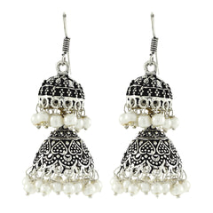 Double Jhumka Antique Oxidized German Silver Pearl Jhumki Earring