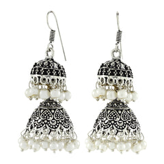 Double Jhumka Antique Oxidized German Silver Pearl Jhumki Earring