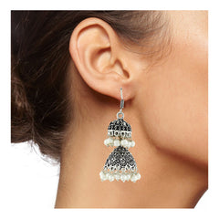 Double Jhumka Antique Oxidized German Silver Pearl Jhumki Earring