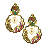 Antique Traditional 22K Gold Red Green Pearl Dangling Earring Women