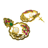 Antique Traditional 22K Gold Red Green Pearl Dangling Earring Women