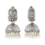 Temple Lakshmi Oxidized German Silver Pearl Floral Jhumki Earring