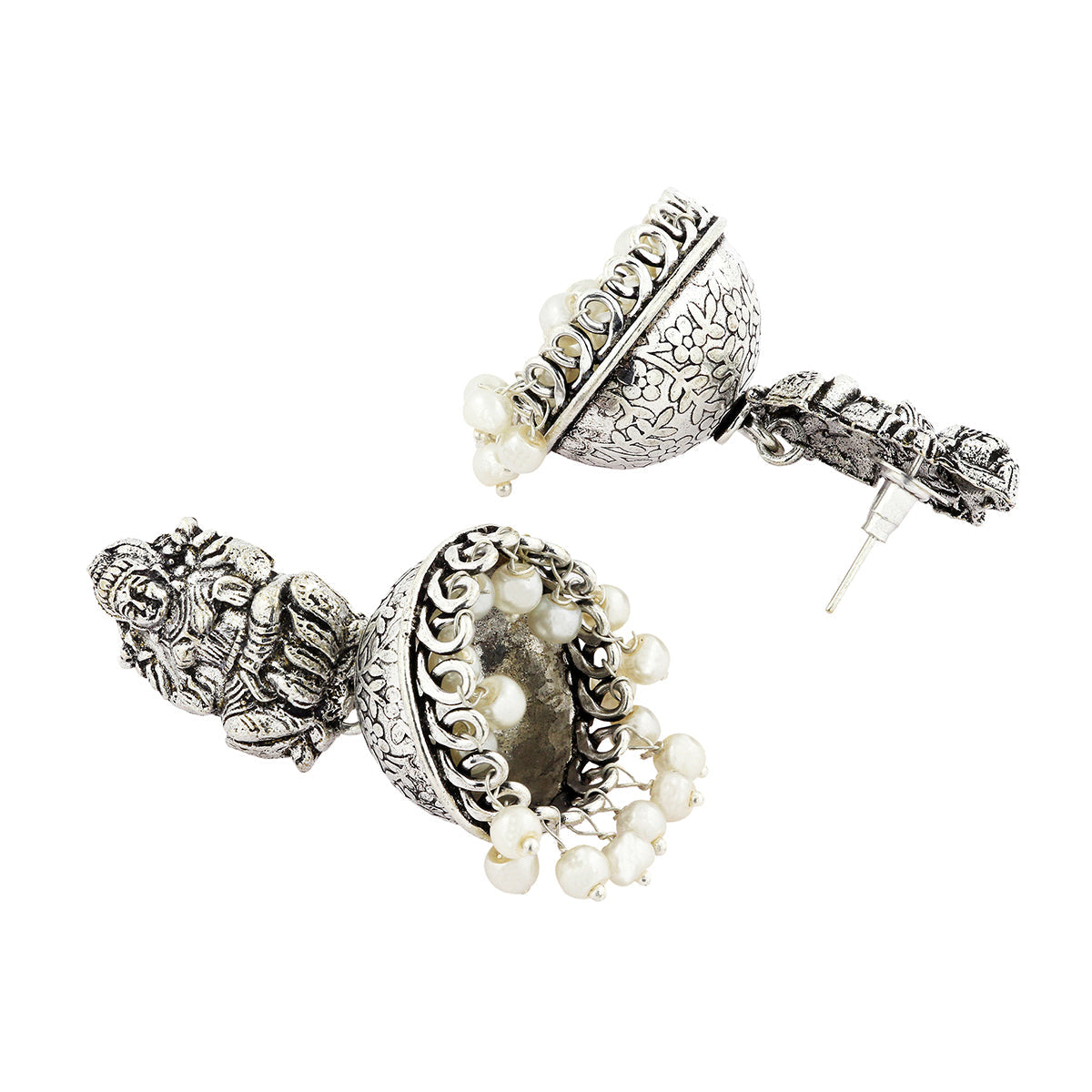 Temple Lakshmi Oxidized German Silver Pearl Floral Jhumki Earring