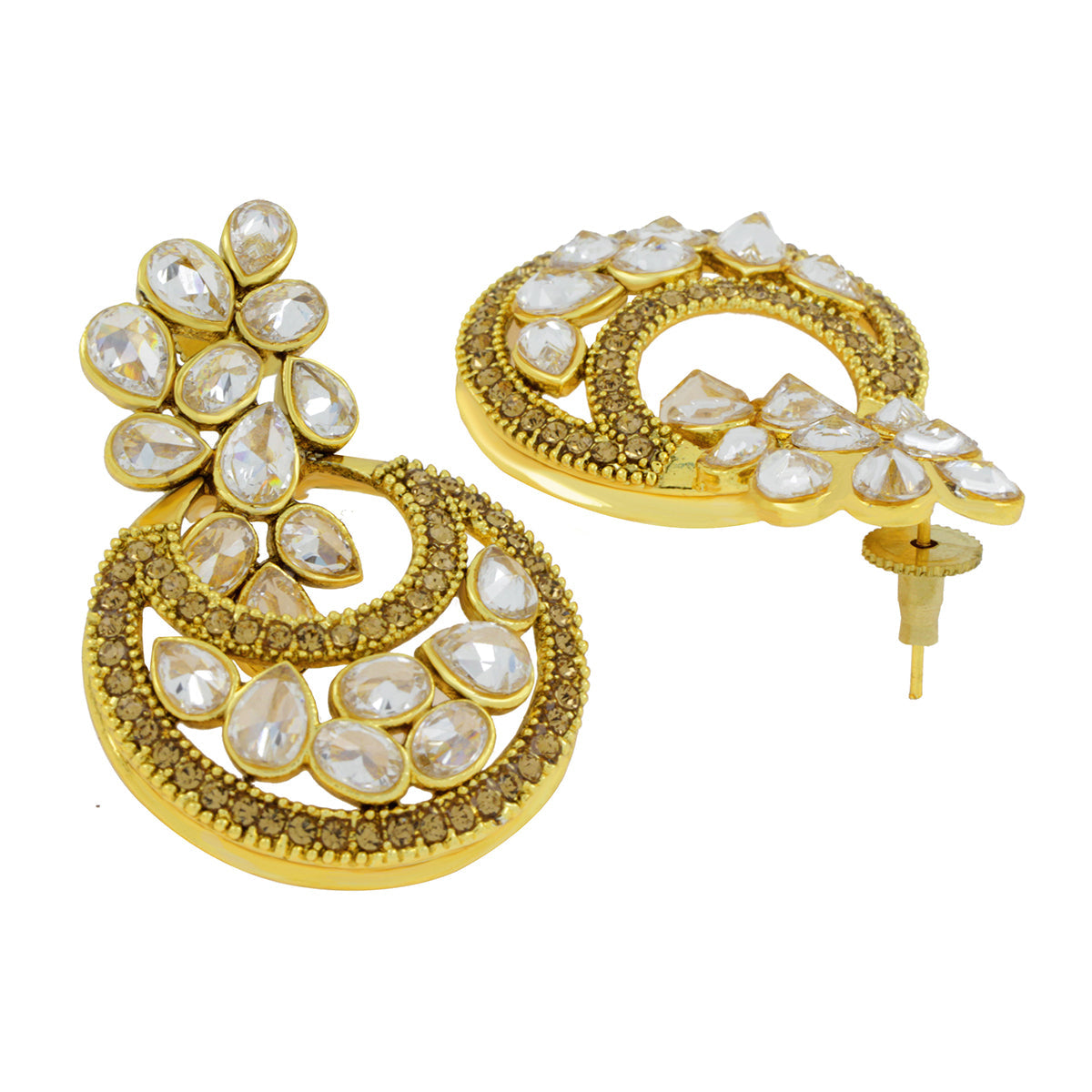 Designer Flower Kundan Champagne 18K Gold Chandbali Earring For Women