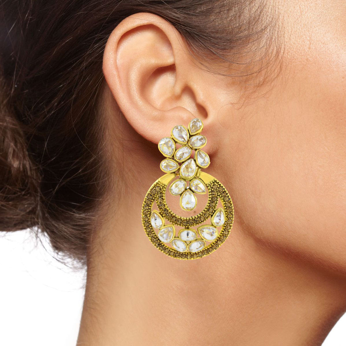 Designer Flower Kundan Champagne 18K Gold Chandbali Earring For Women
