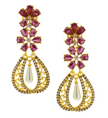 Kundan Flower Filigree Antique Ruby Red 18K Gold Dangler Earring